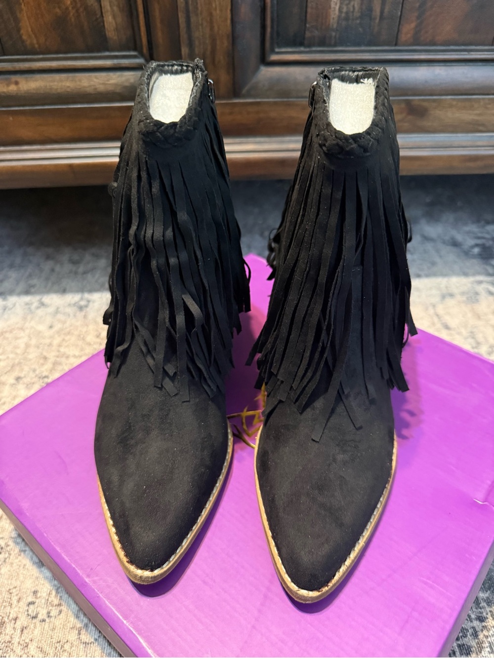 BEAST FASHION Black Suede Fringe Ankle Booties - Picture 2 of 5
